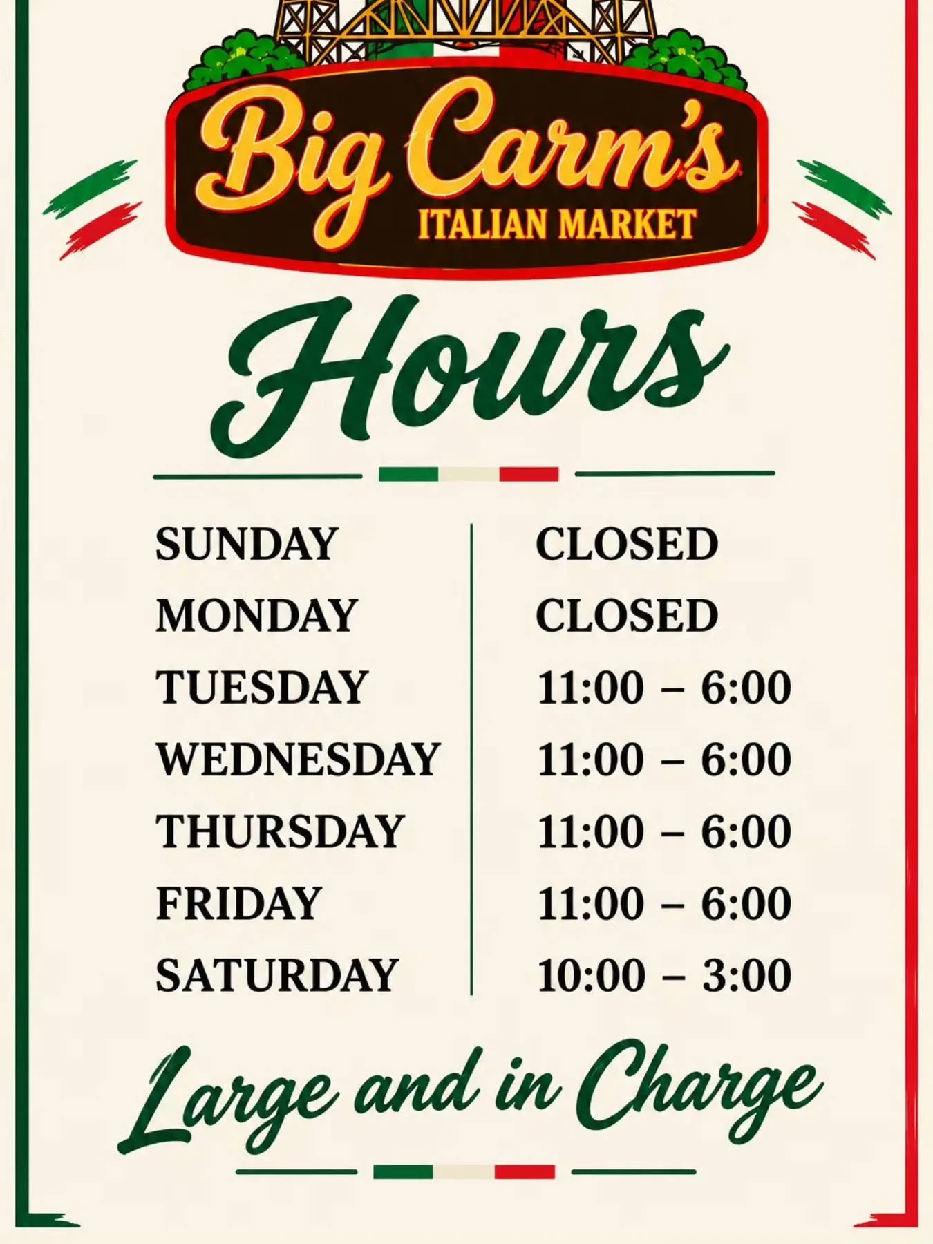 Big Carm’s Italian Market opening-hours sign